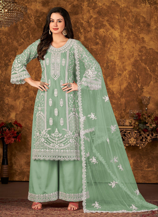 Salwar Suit Net Sea Green Embroidered Salwar Kameez