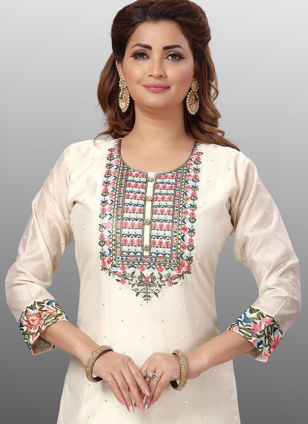 Salwar Suit Chanderi Off White Embroidered Salwar Kameez