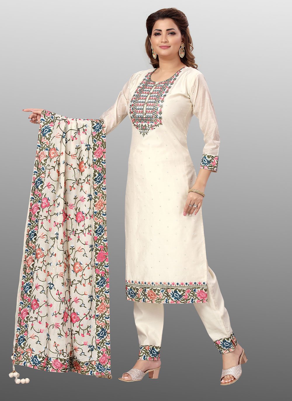 Salwar Suit Chanderi Off White Embroidered Salwar Kameez