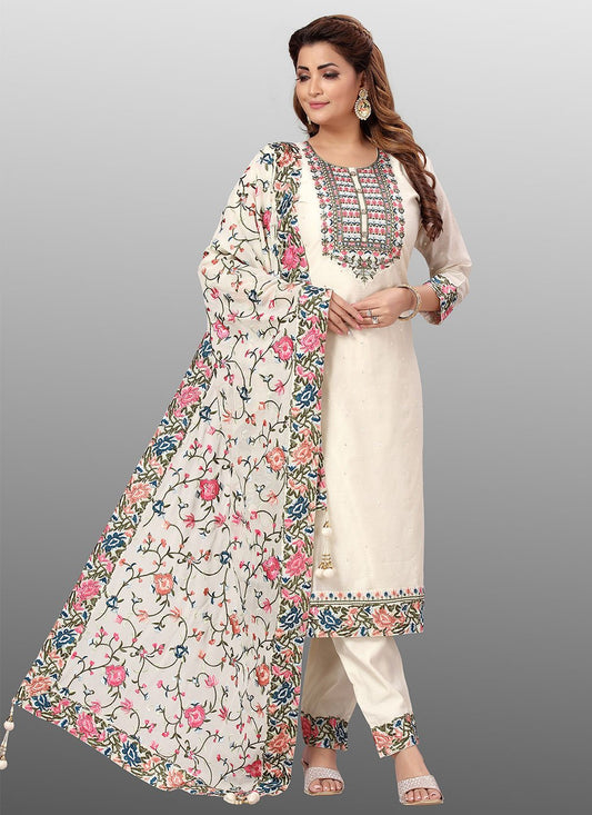 Salwar Suit Chanderi Off White Embroidered Salwar Kameez