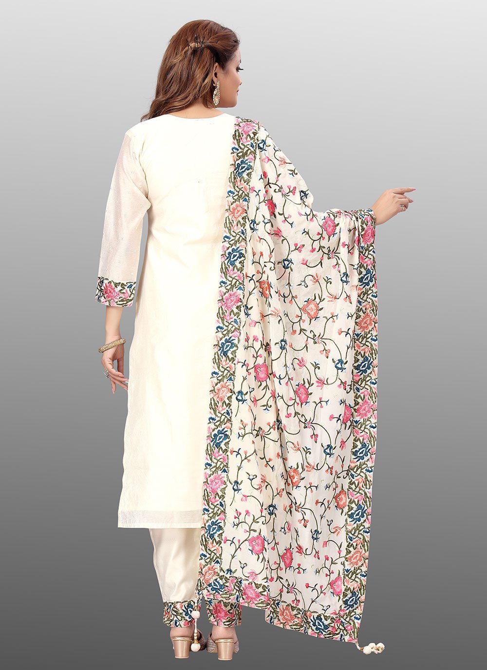 Salwar Suit Chanderi Off White Embroidered Salwar Kameez