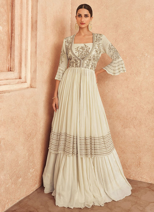 Designer Gown Chinon Georgette Off White Embroidered Gown