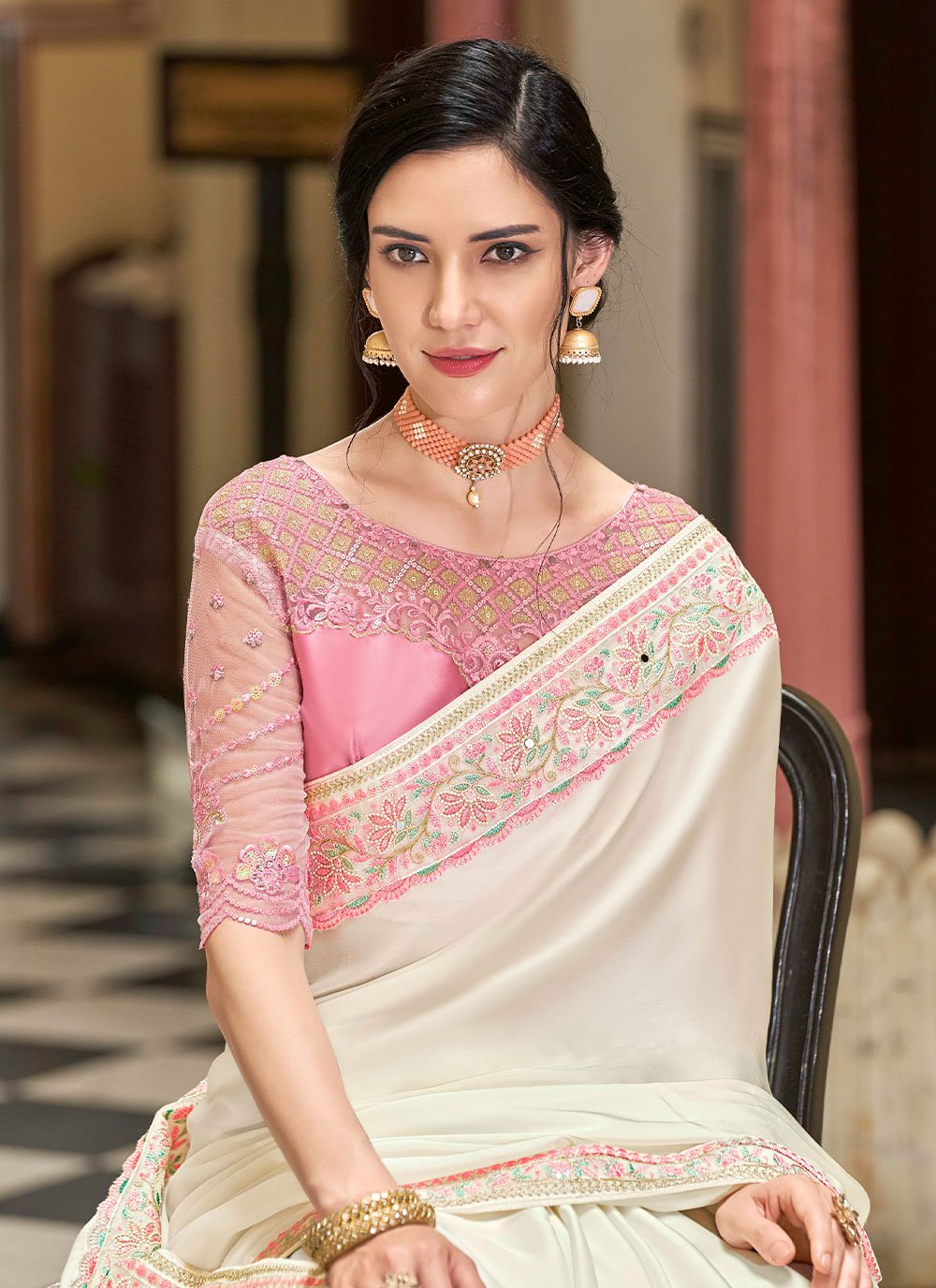 Classic Silk Off White Embroidered Saree