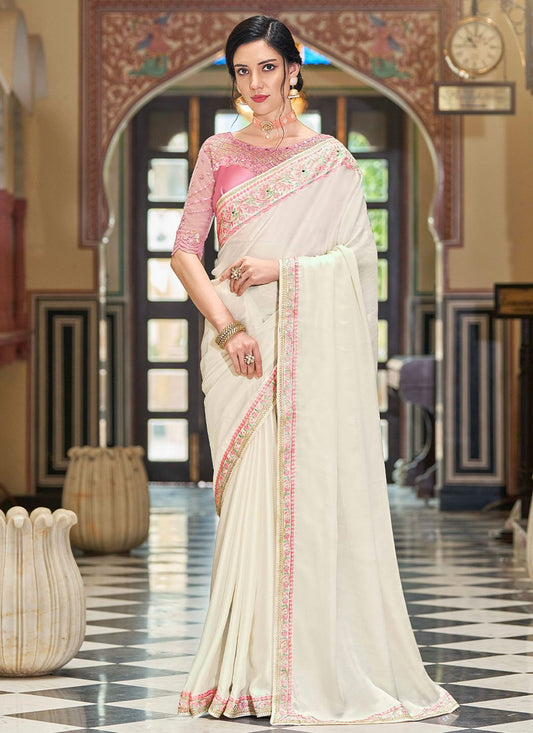 Classic Silk Off White Embroidered Saree