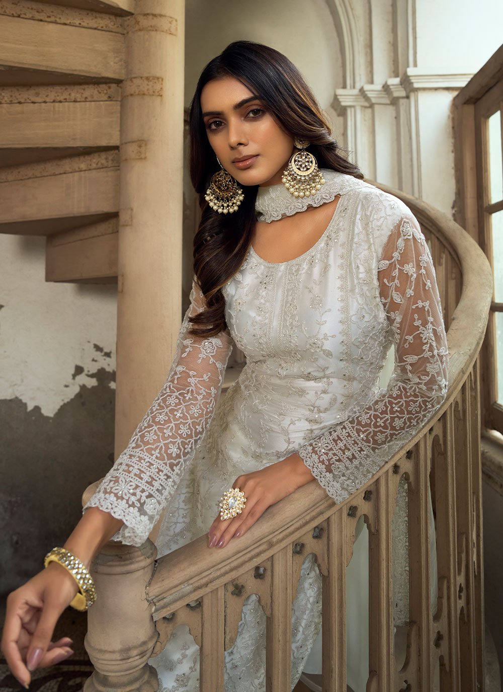 Straight Salwar Suit Net Off White Embroidered Salwar Kameez