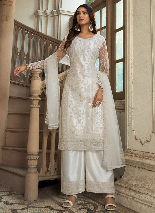 Straight Salwar Suit Net Off White Embroidered Salwar Kameez