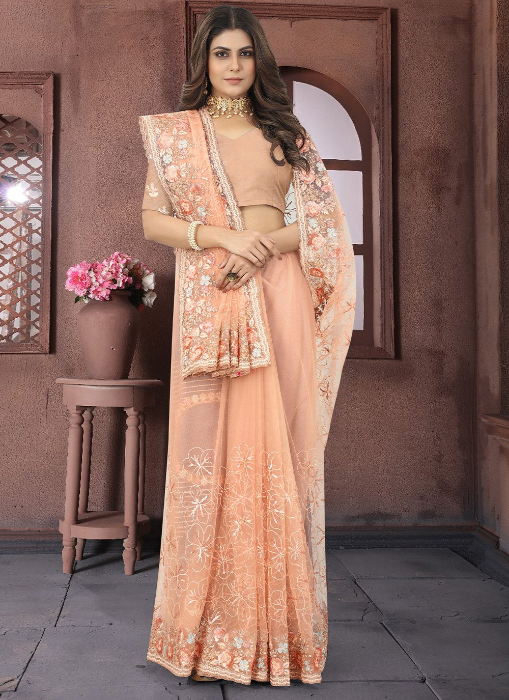 Classic Net Orange Embroidered Saree