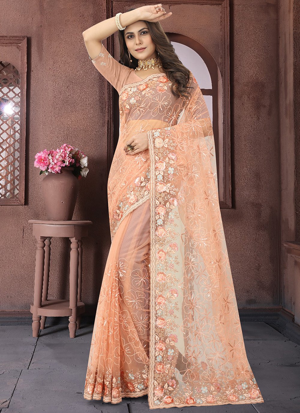 Classic Net Orange Embroidered Saree