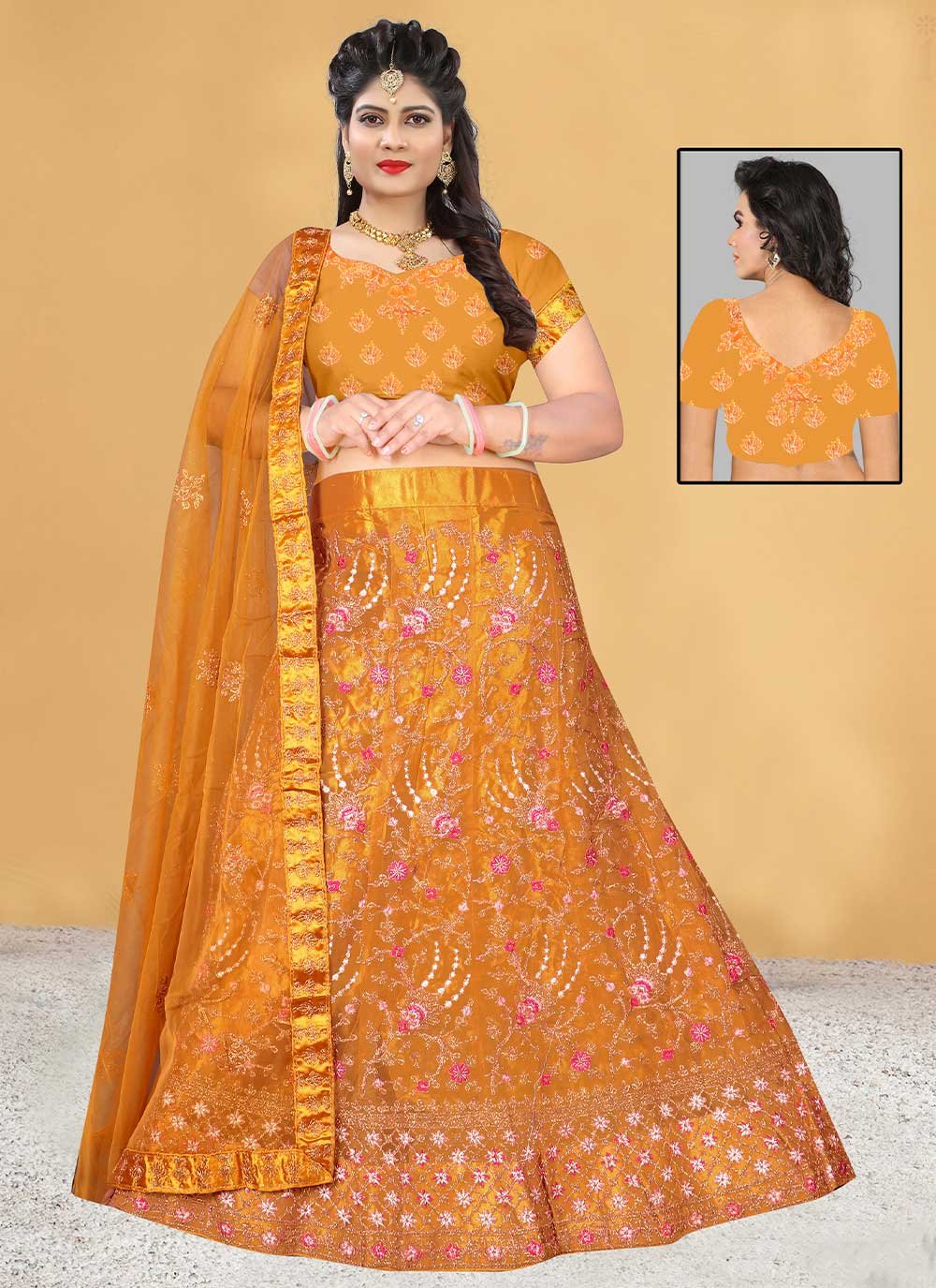 Lehenga Choli Net Orange Embroidered Lehenga Choli