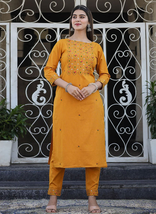 Party Wear Kurti Cotton Orange Embroidered Kurtis