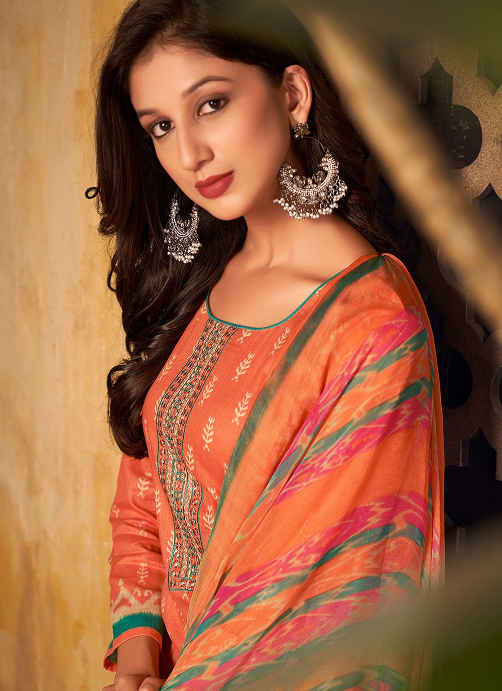 Salwar Suit Pashmina Orange Digital Print Salwar Kameez