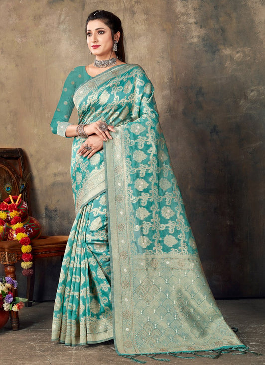 Designer Organza Aqua Blue Embroidered Saree