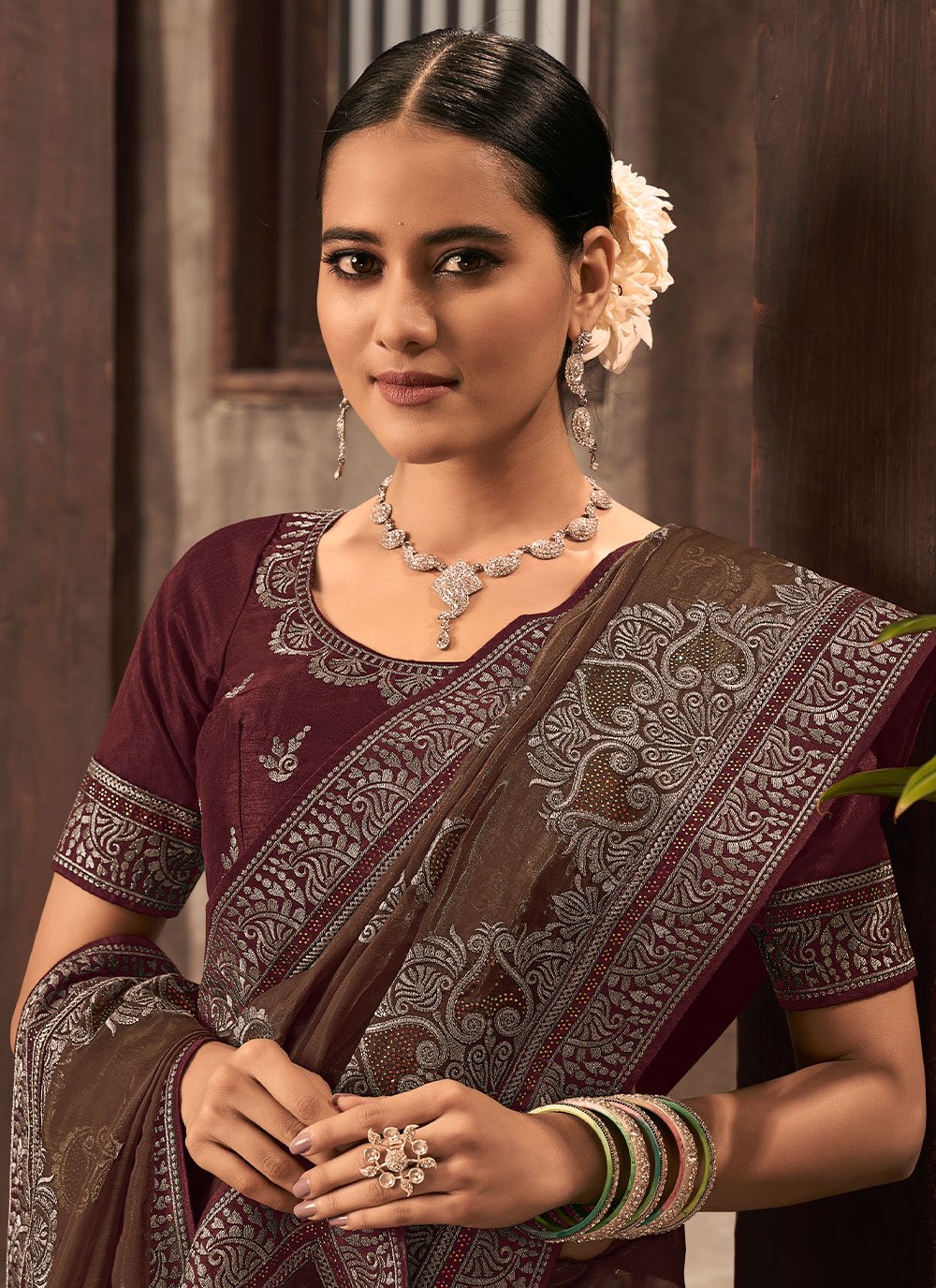 Contemporary Organza Brown Embroidered Saree