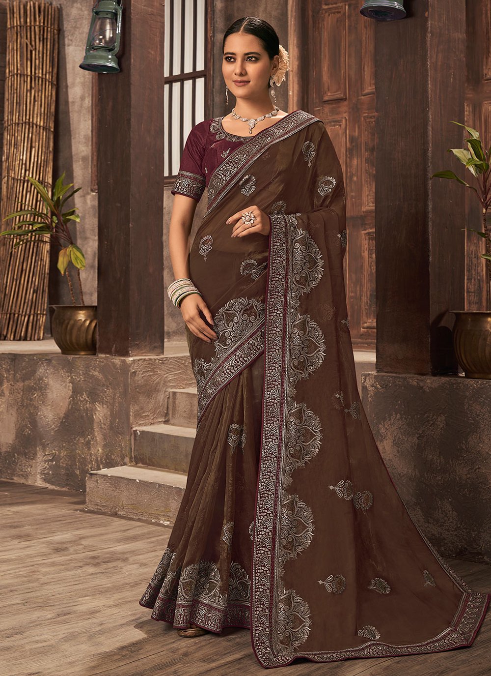 Contemporary Organza Brown Embroidered Saree