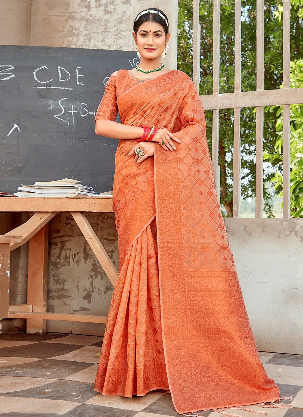 Designer Organza Peach Embroidered Saree