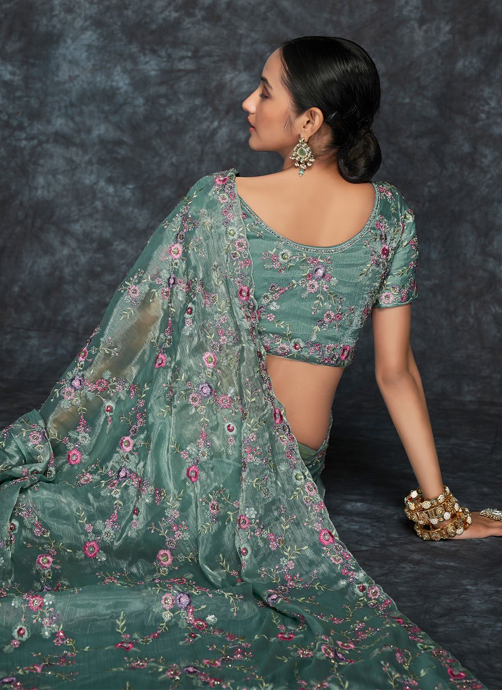 Classic Organza Green Embroidered Saree