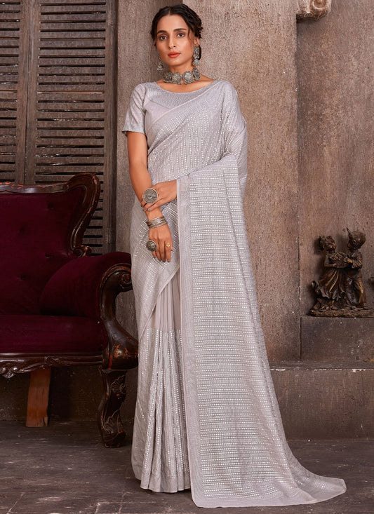 Classic Organza Grey Embroidered Saree