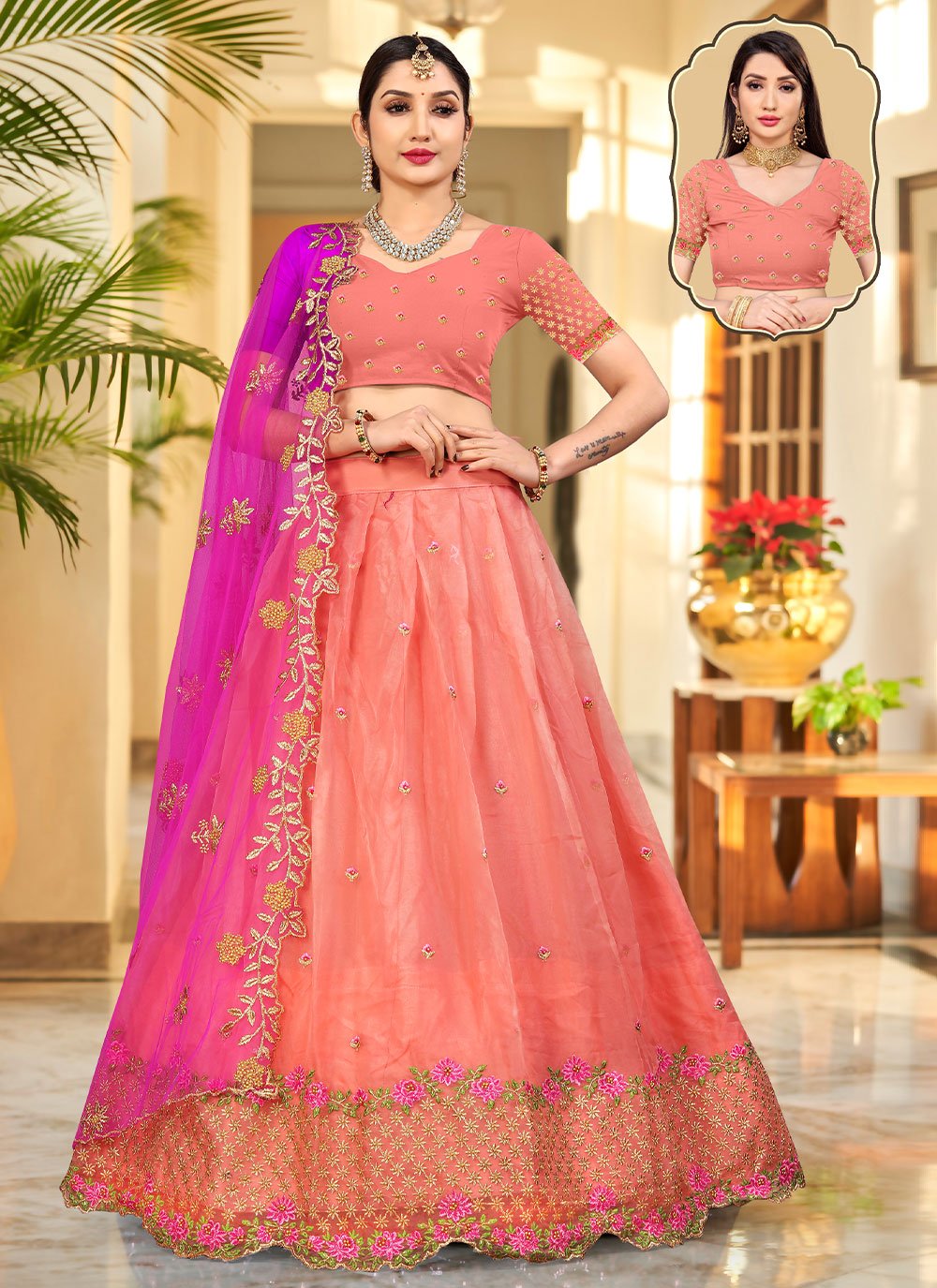 A Line Lehenga Organza Peach Embroidered Lehenga Choli