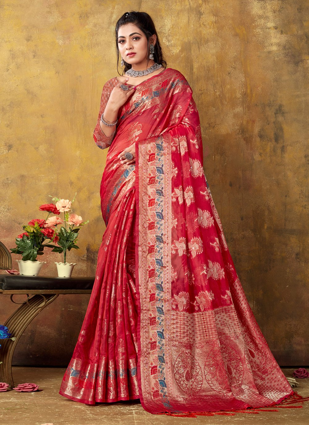 Classic Organza Rani Embroidered Saree