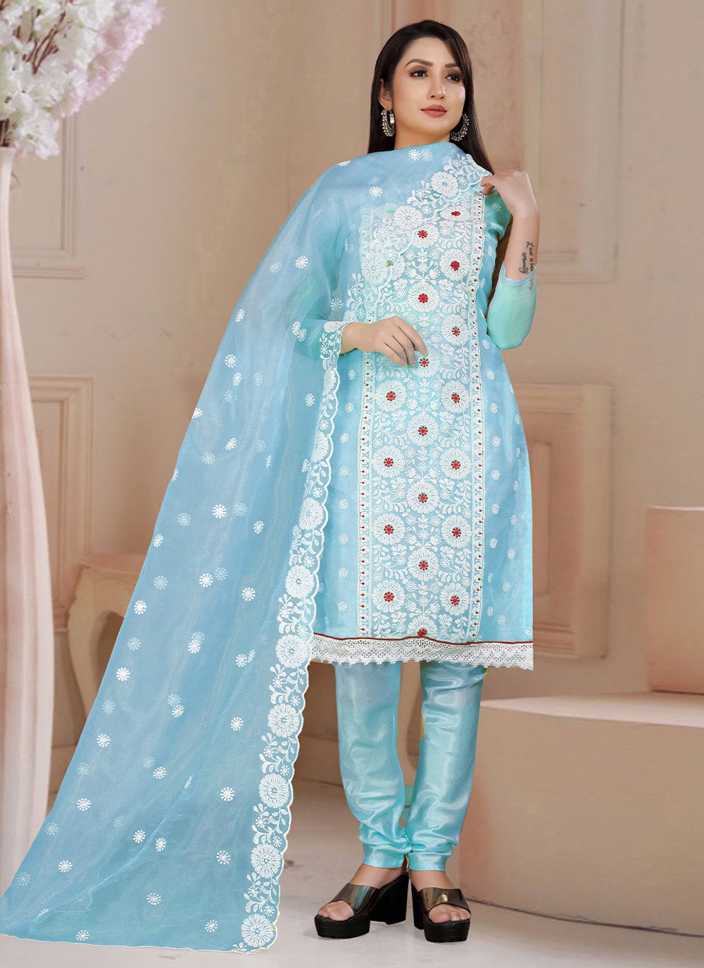Salwar Suit Organza Blue Embroidered Salwar Kameez