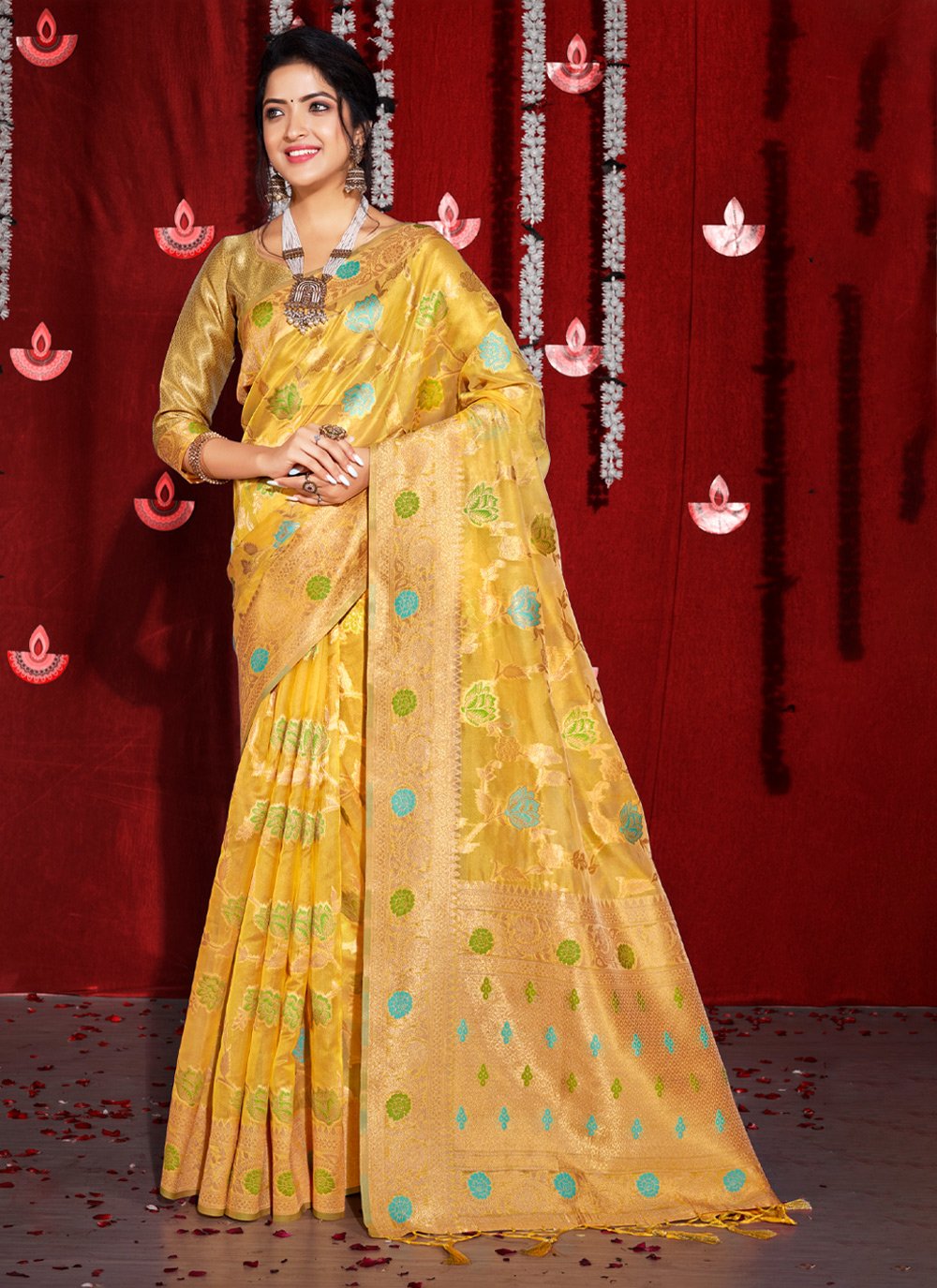 Traditional Saree Organza Yellow Embroidered Saree