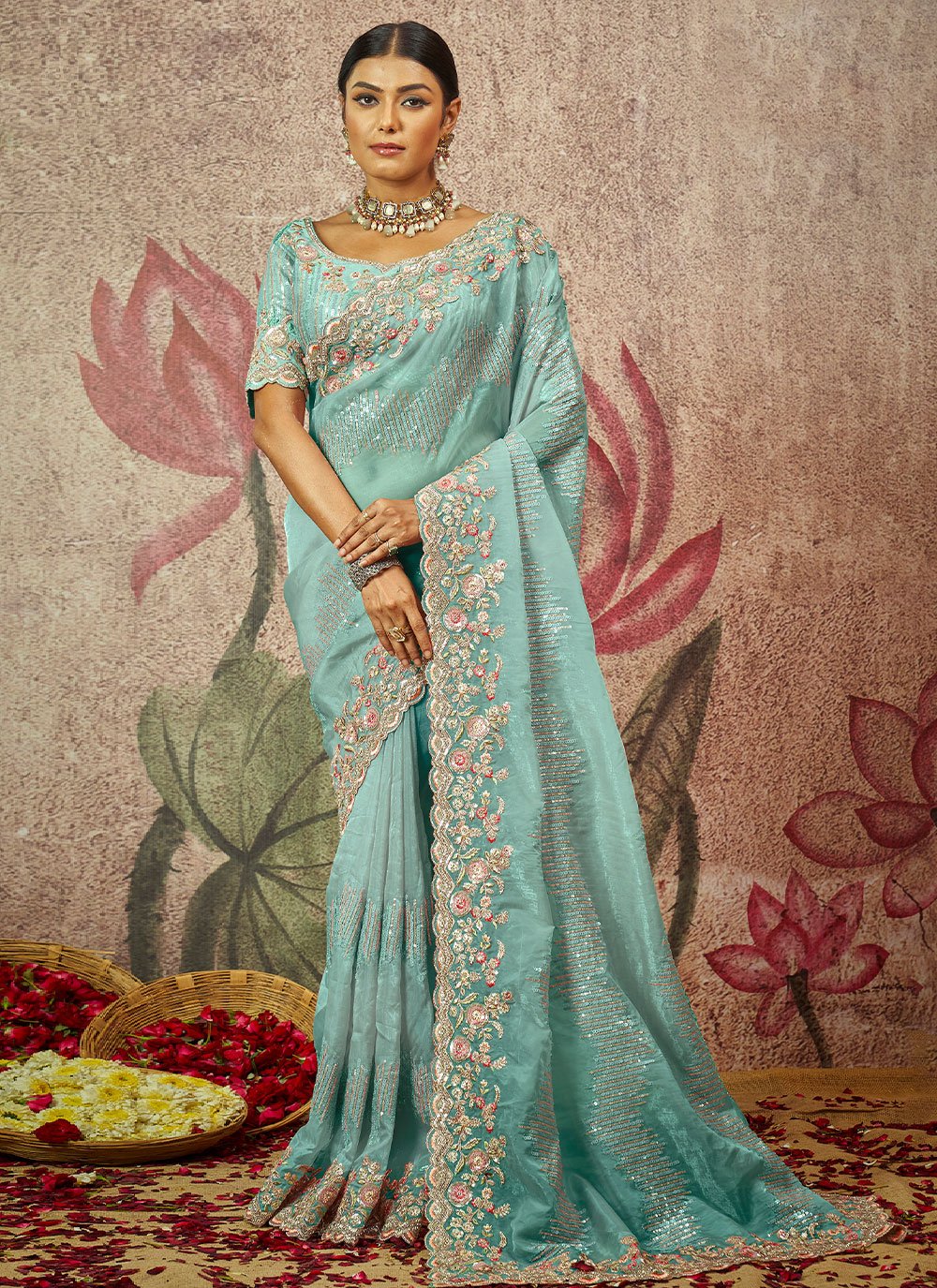 Trendy Saree Organza Aqua Blue Embroidered Saree