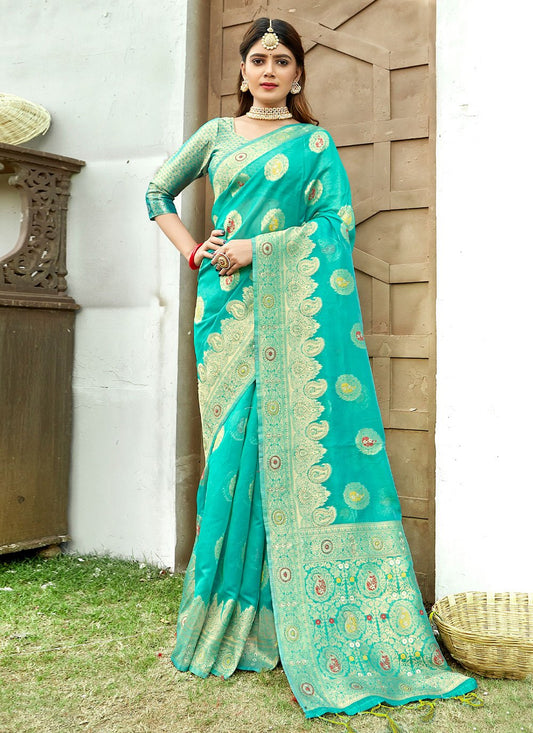 Trendy Saree Organza Aqua Blue Embroidered Saree