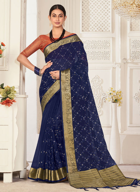 Trendy Saree Organza Blue Embroidered Saree