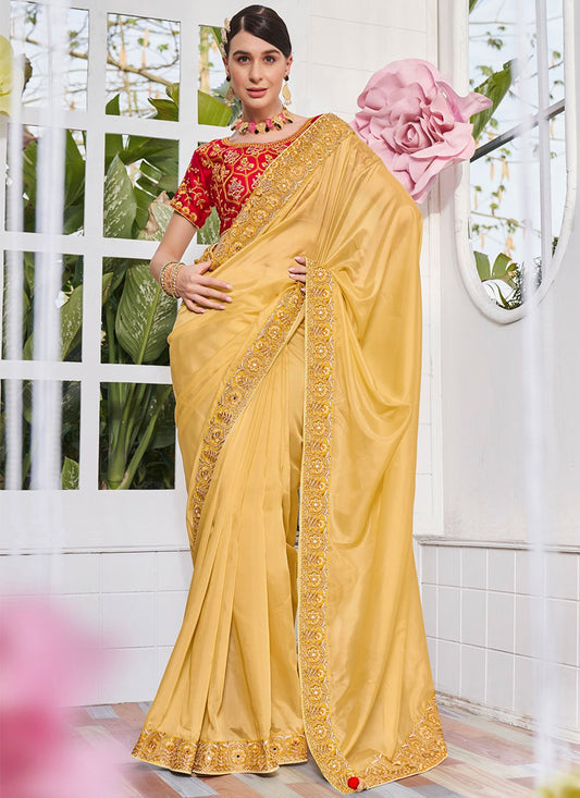 Contemporary Organza Satin Yellow Embroidered Saree