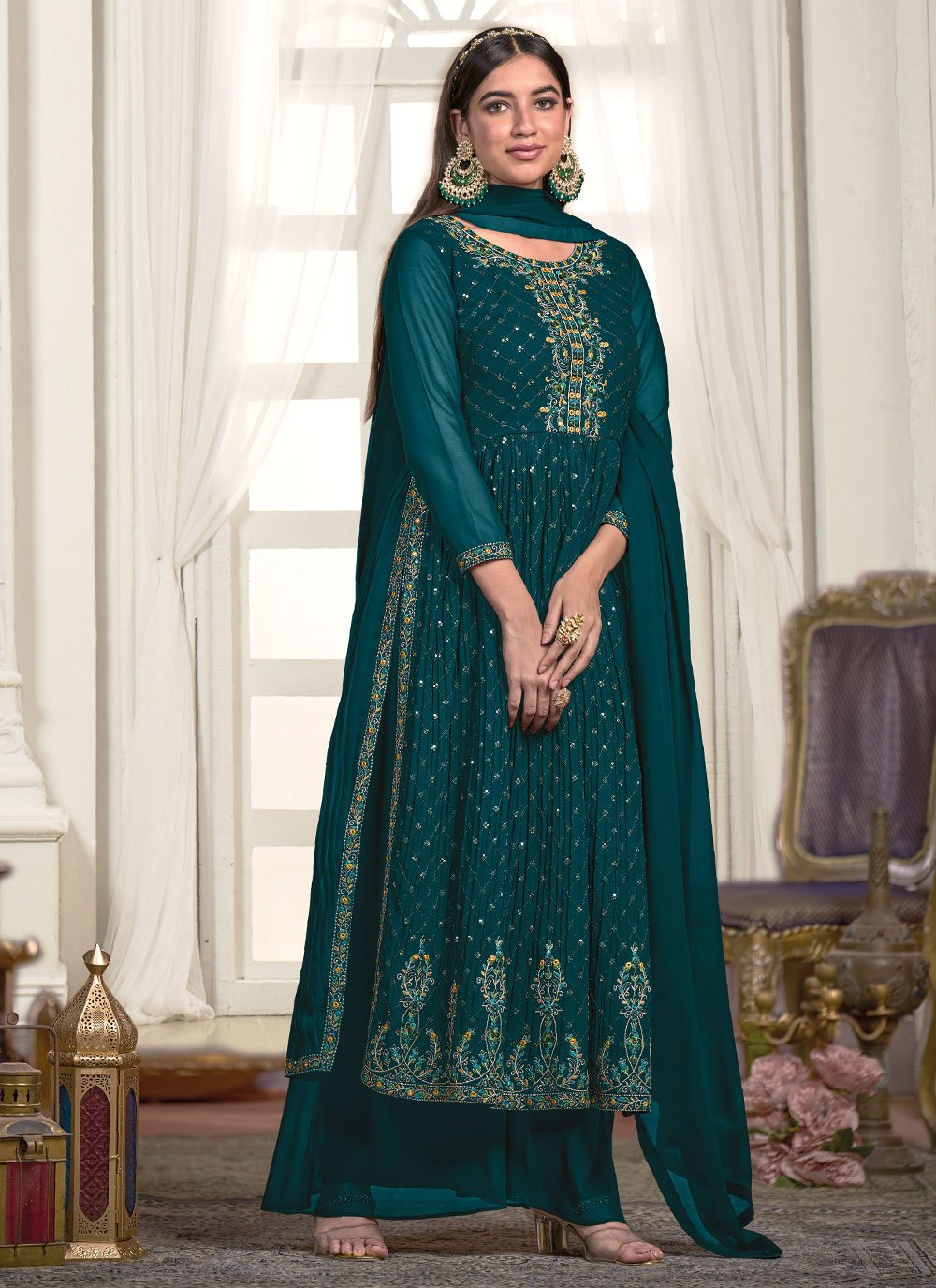 Palazzo Salwar Suit Georgette Rama Embroidered Salwar Kameez