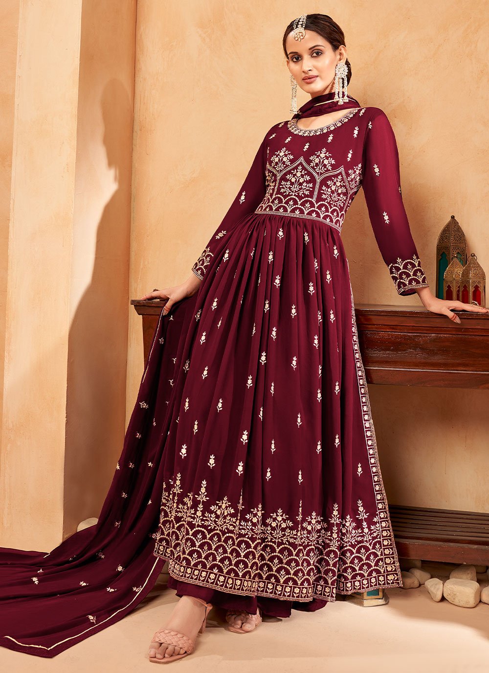 Palazzo Salwar Suit Faux Georgette Wine Embroidered Salwar Kameez