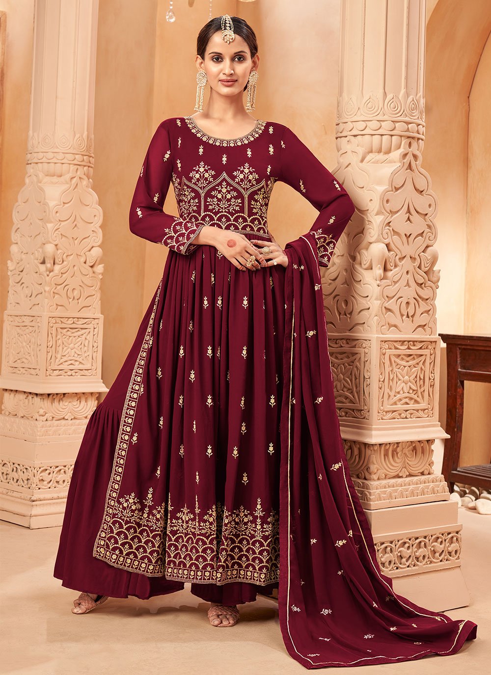 Palazzo Salwar Suit Faux Georgette Wine Embroidered Salwar Kameez