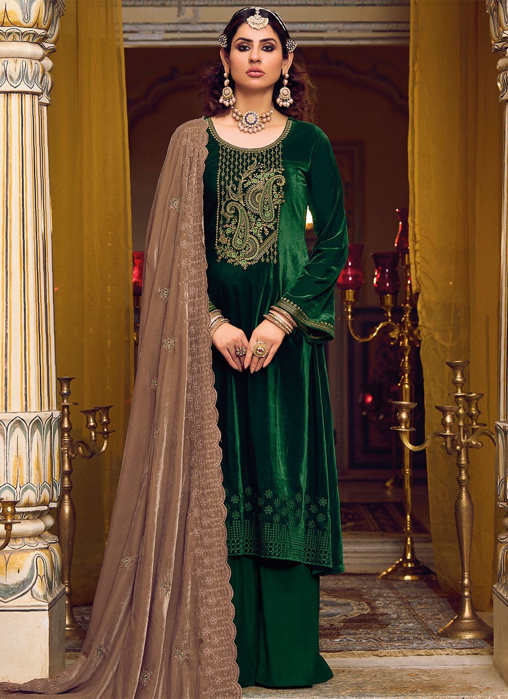 Palazzo Salwar Suit Velvet Green Embroidered Salwar Kameez