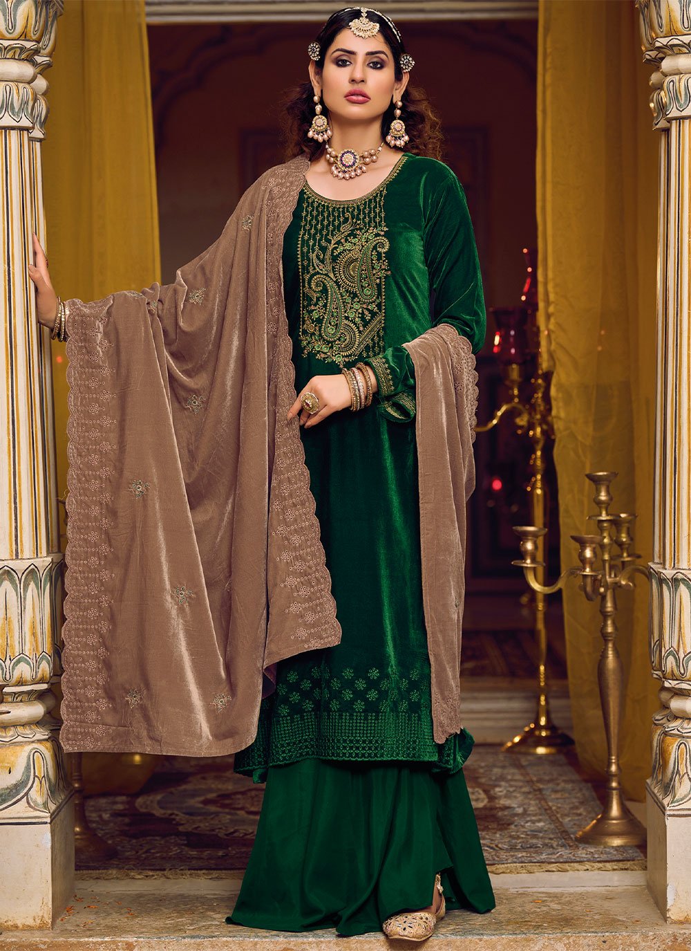 Palazzo Salwar Suit Velvet Green Embroidered Salwar Kameez