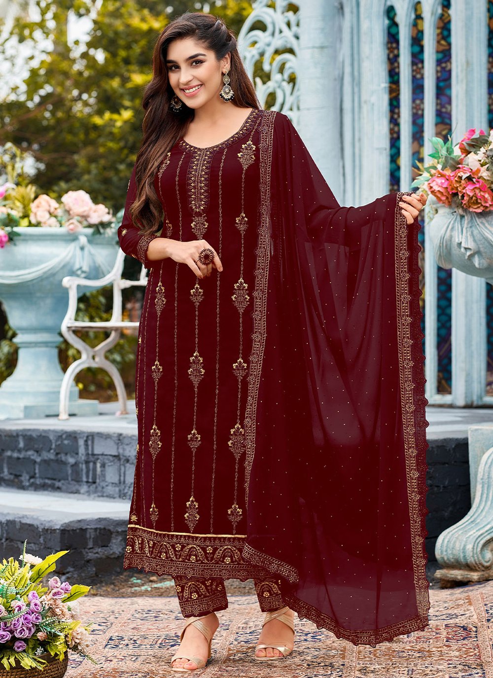 Pant Style Suit Faux Georgette Maroon Embroidered Salwar Kameez