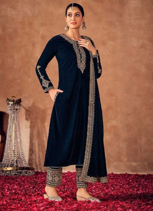 Pant Style Suit Velvet Blue Embroidered Salwar Kameez