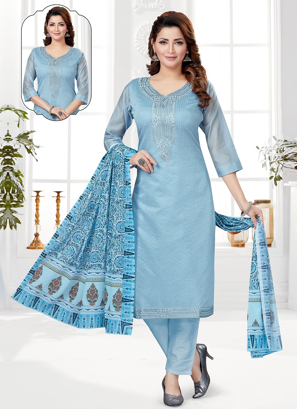 Pant Style Suit Chanderi Aqua Blue Embroidered Salwar Kameez