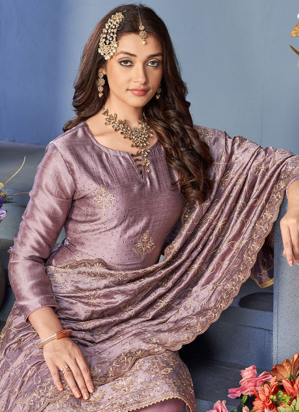 Pant Style Suit Vichitra Silk Lavender Embroidered Salwar Kameez