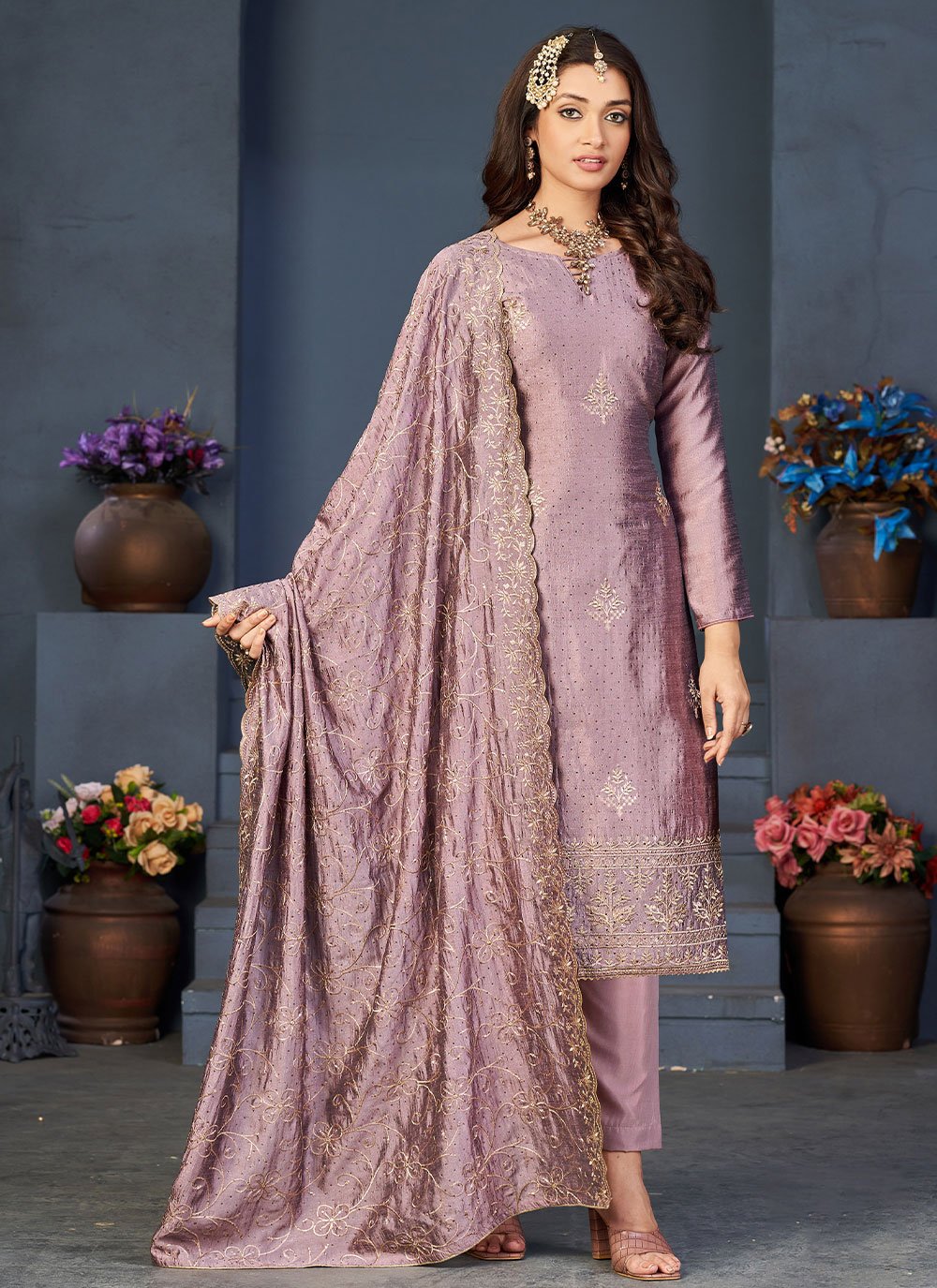 Pant Style Suit Vichitra Silk Lavender Embroidered Salwar Kameez