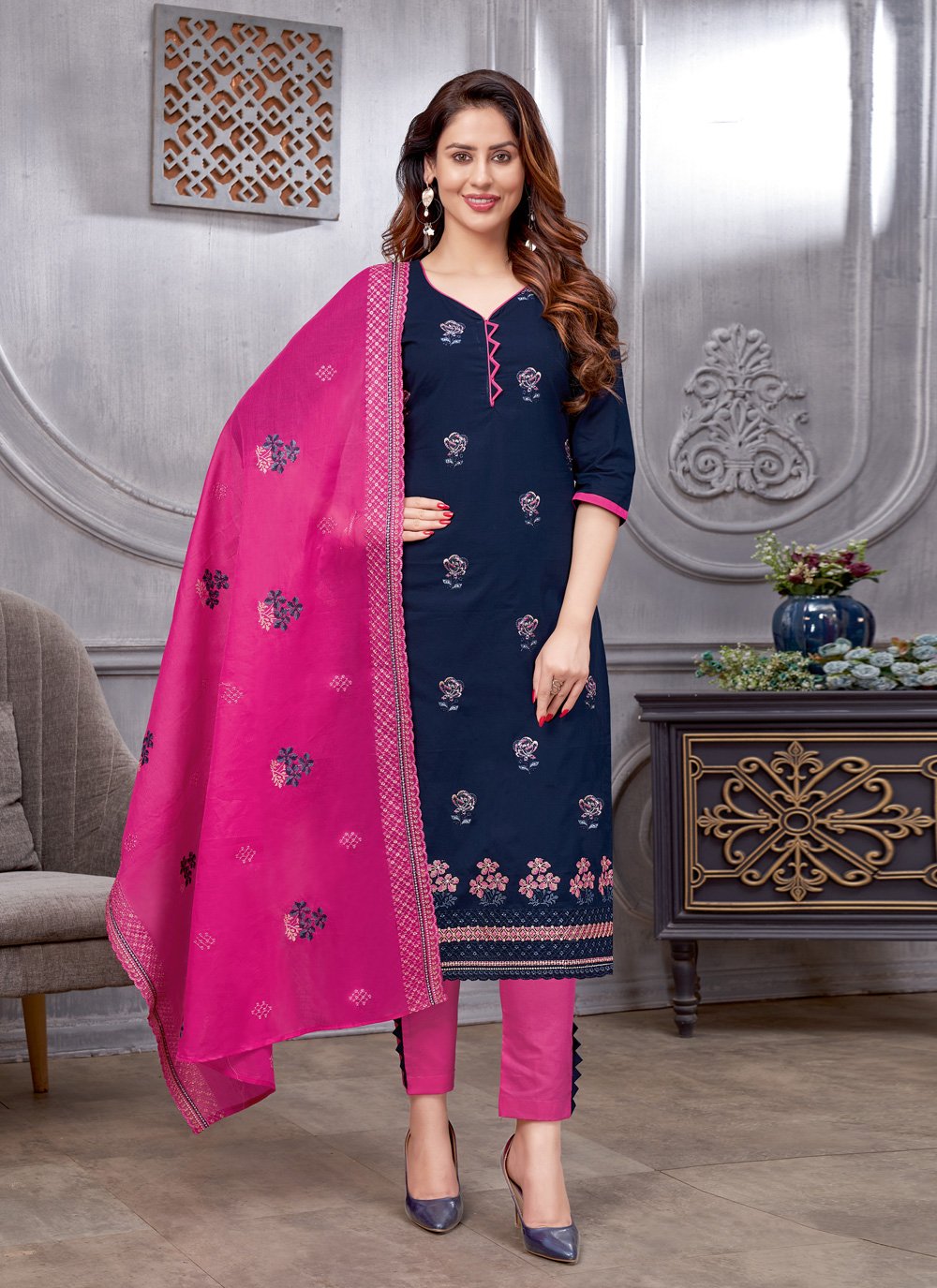 Pant Style Suit Cotton Blue Embroidered Salwar Kameez