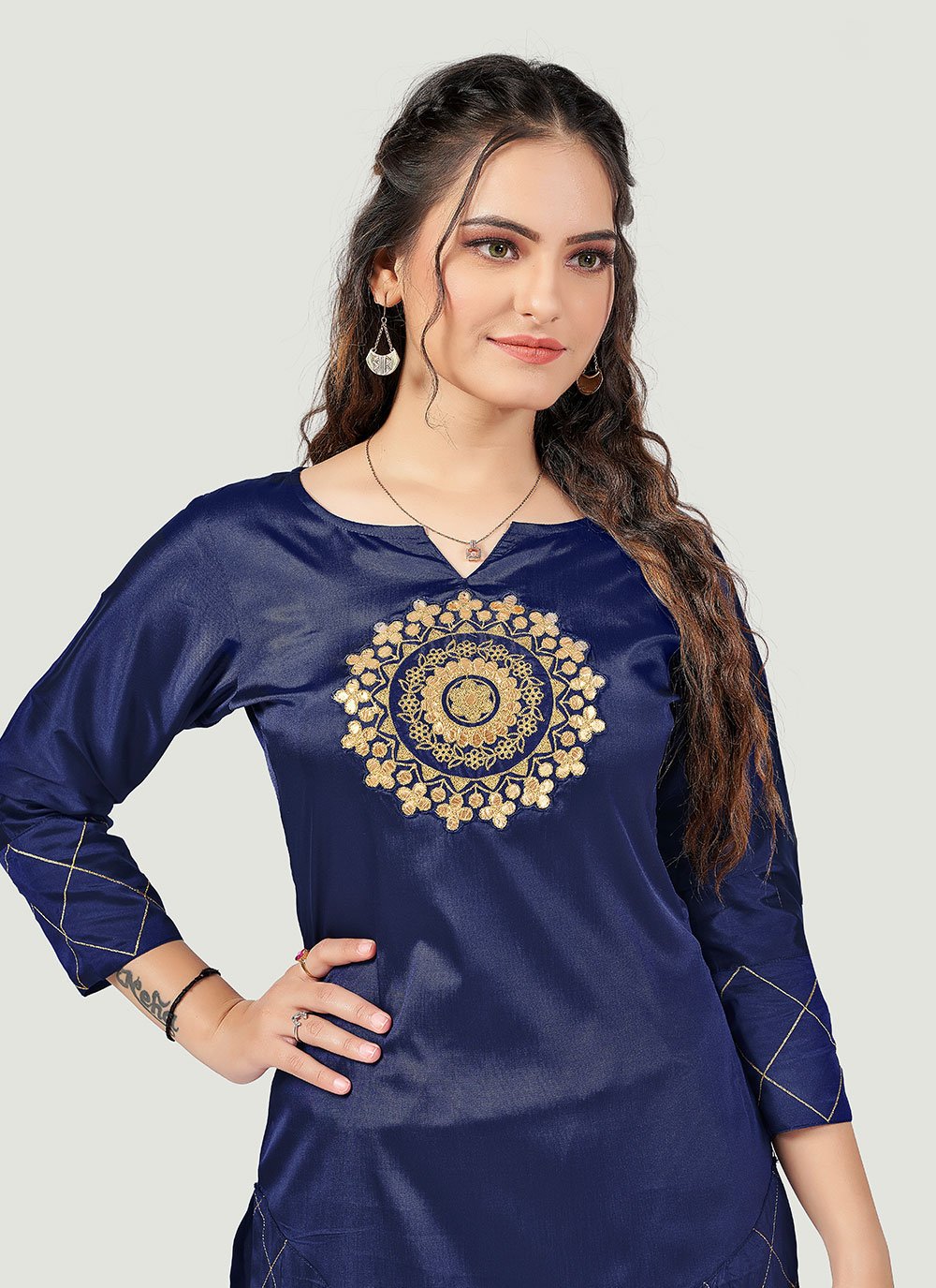 Designer Kurti Art Silk Blue Embroidered Kurtis