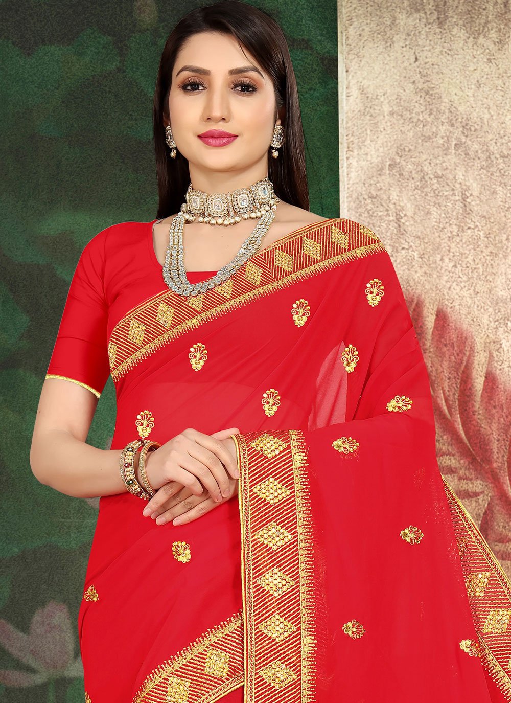 Designer Georgette Red Embroidered Saree