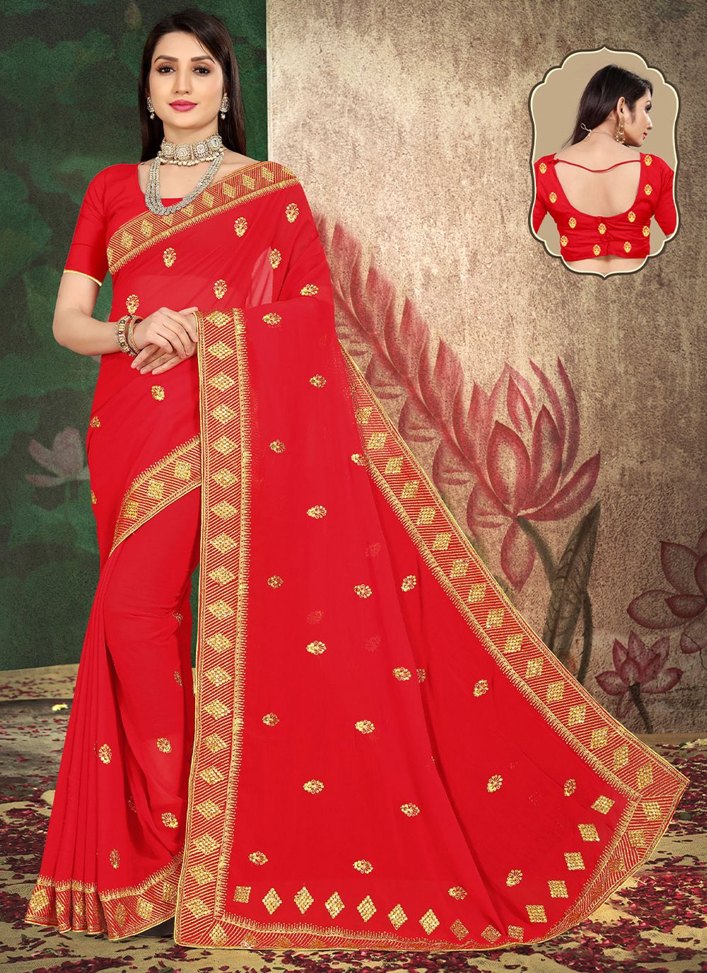 Designer Georgette Red Embroidered Saree