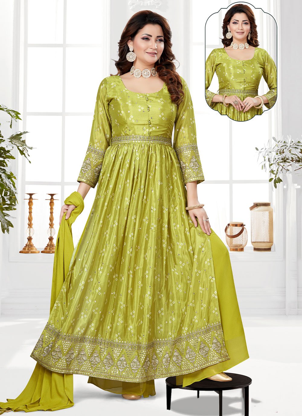 Palazzo Salwar Suit Chinon Green Embroidered Salwar Kameez