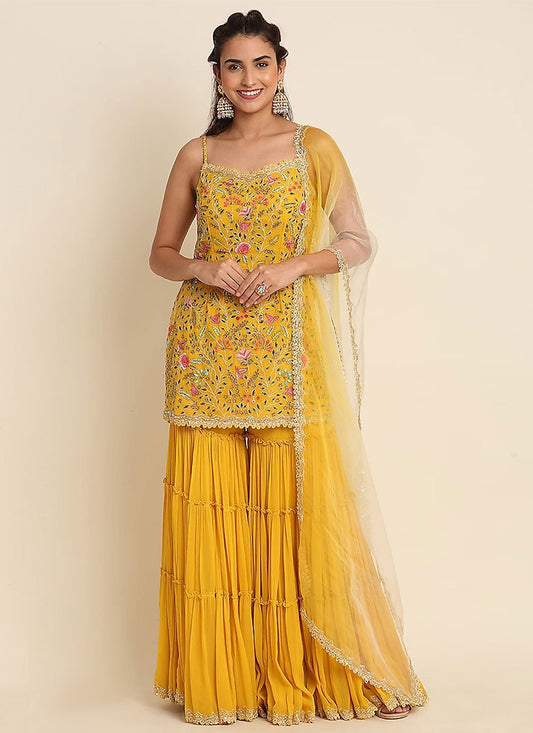 Palazzo Salwar Suit Faux Georgette Yellow Embroidered Salwar Kameez