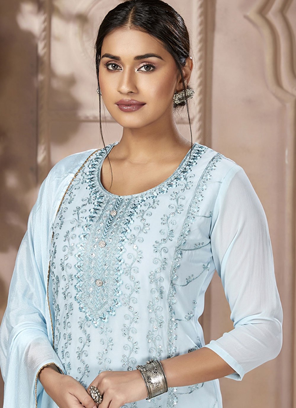 Salwar Suit Georgette Aqua Blue Embroidered Salwar Kameez