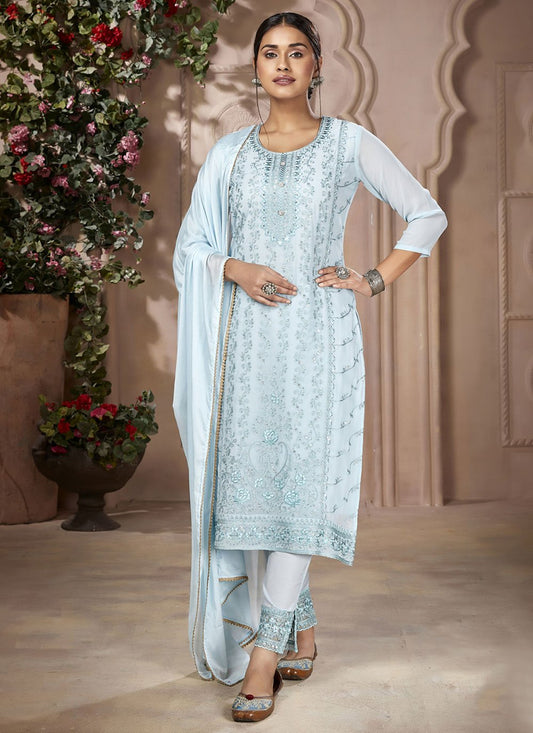 Salwar Suit Georgette Aqua Blue Embroidered Salwar Kameez