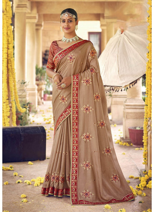 Classic Silk Beige Embroidered Saree