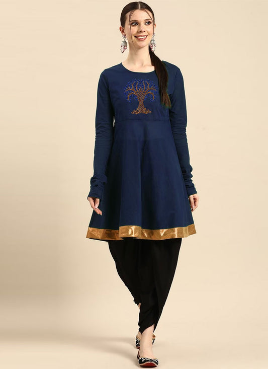 Party Wear Kurti Rayon Blue Embroidered Kurtis