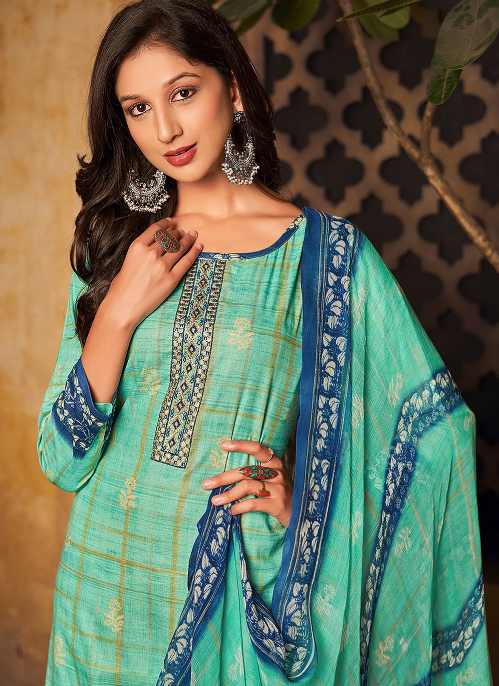 Straight Salwar Suit Pashmina Turquoise Digital Print Salwar Kameez